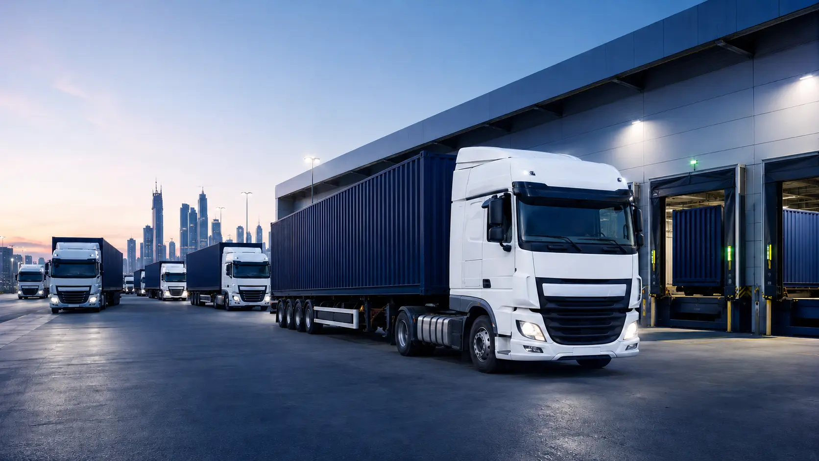 Coordinated logistics truck fleet at a modern UAE distribution terminal