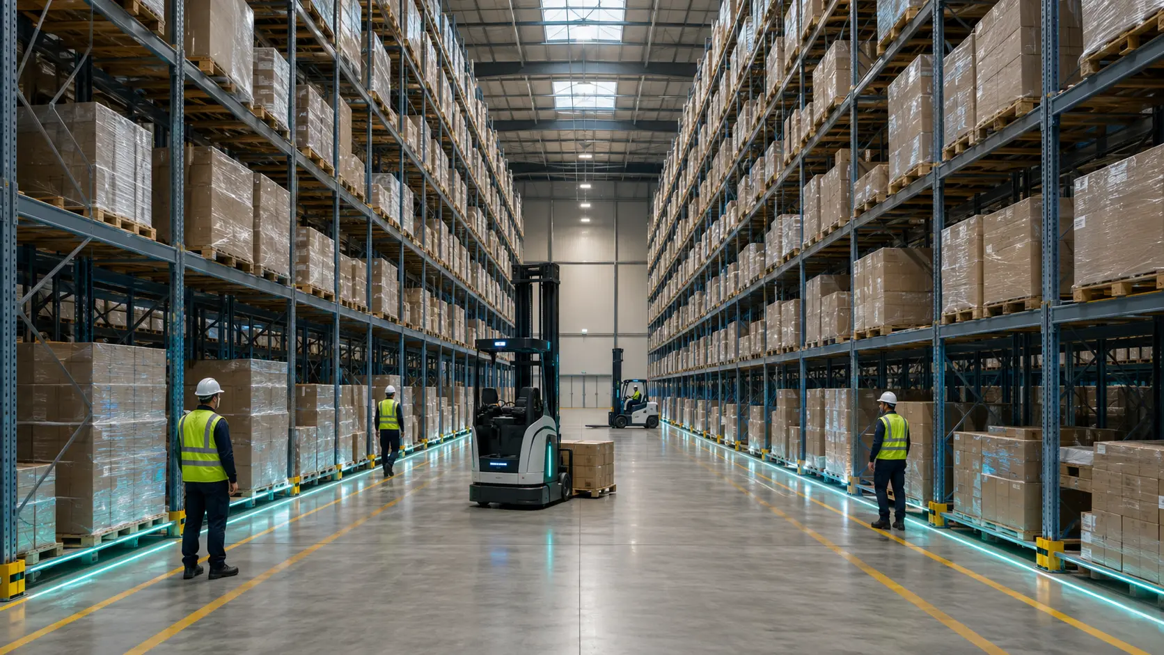 Modern high-bay warehouse with automated handling and live inventory control